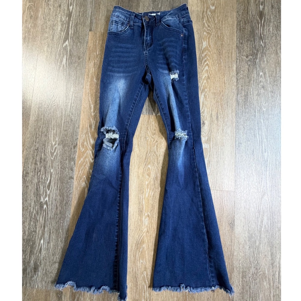 Bamboo Flare Jeans Womens 0 Blue Distressed Frayed Hem High Rise Bell Bottoms